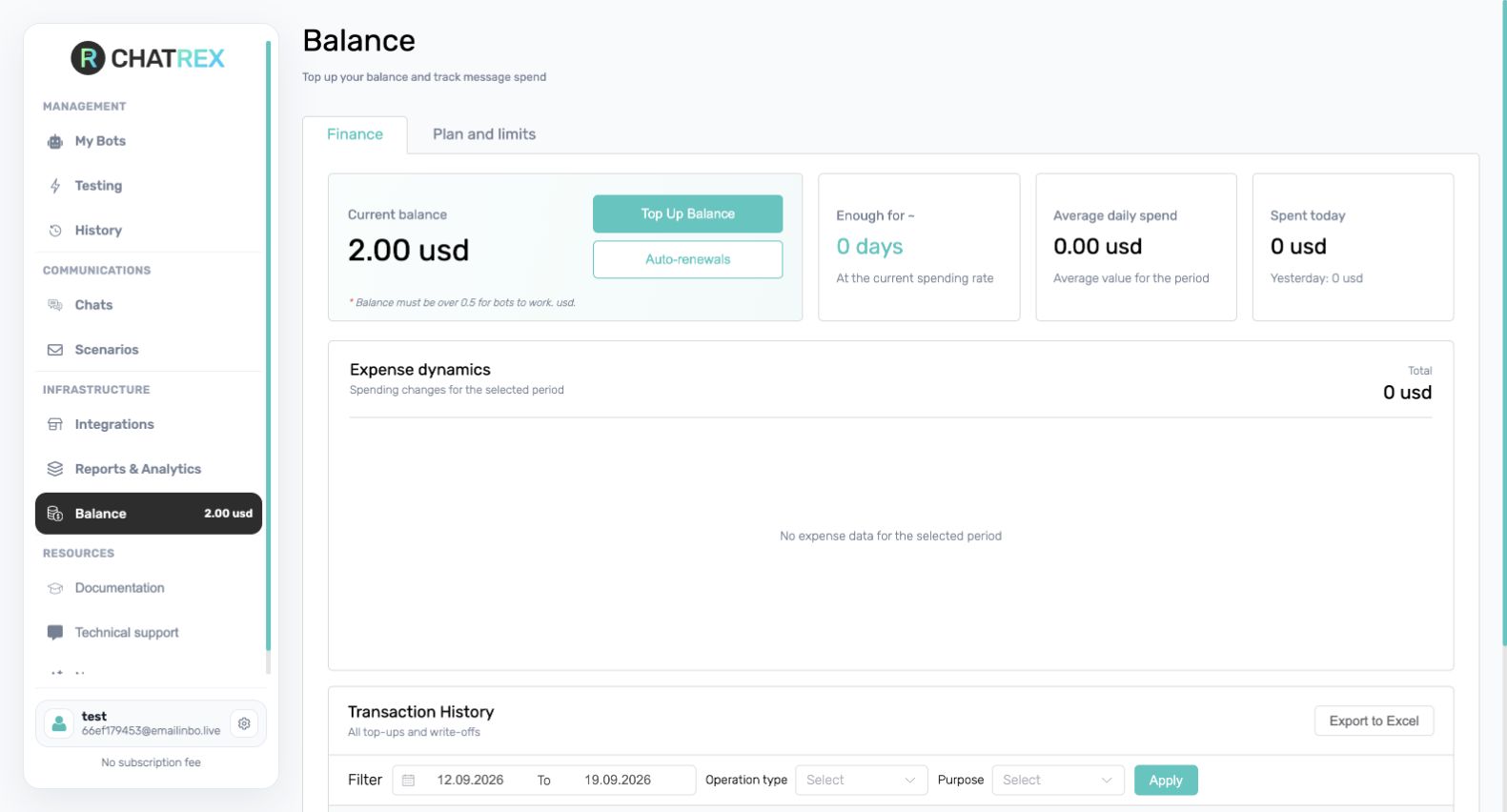 Balance and transaction history in ChatRex