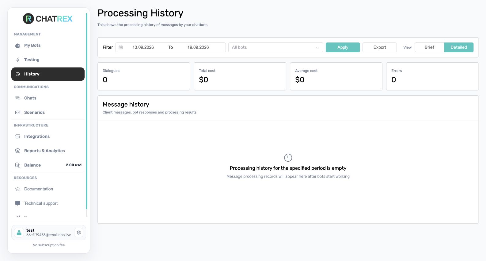 Processing History page in ChatRex