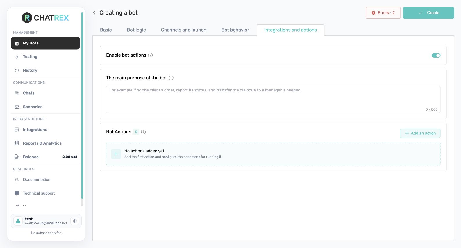 Integrations and actions settings