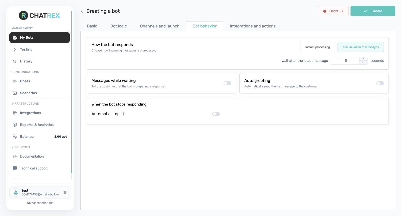 Bot behavior settings