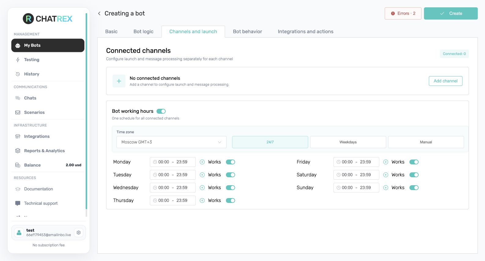 Channels, launch settings, and working hours