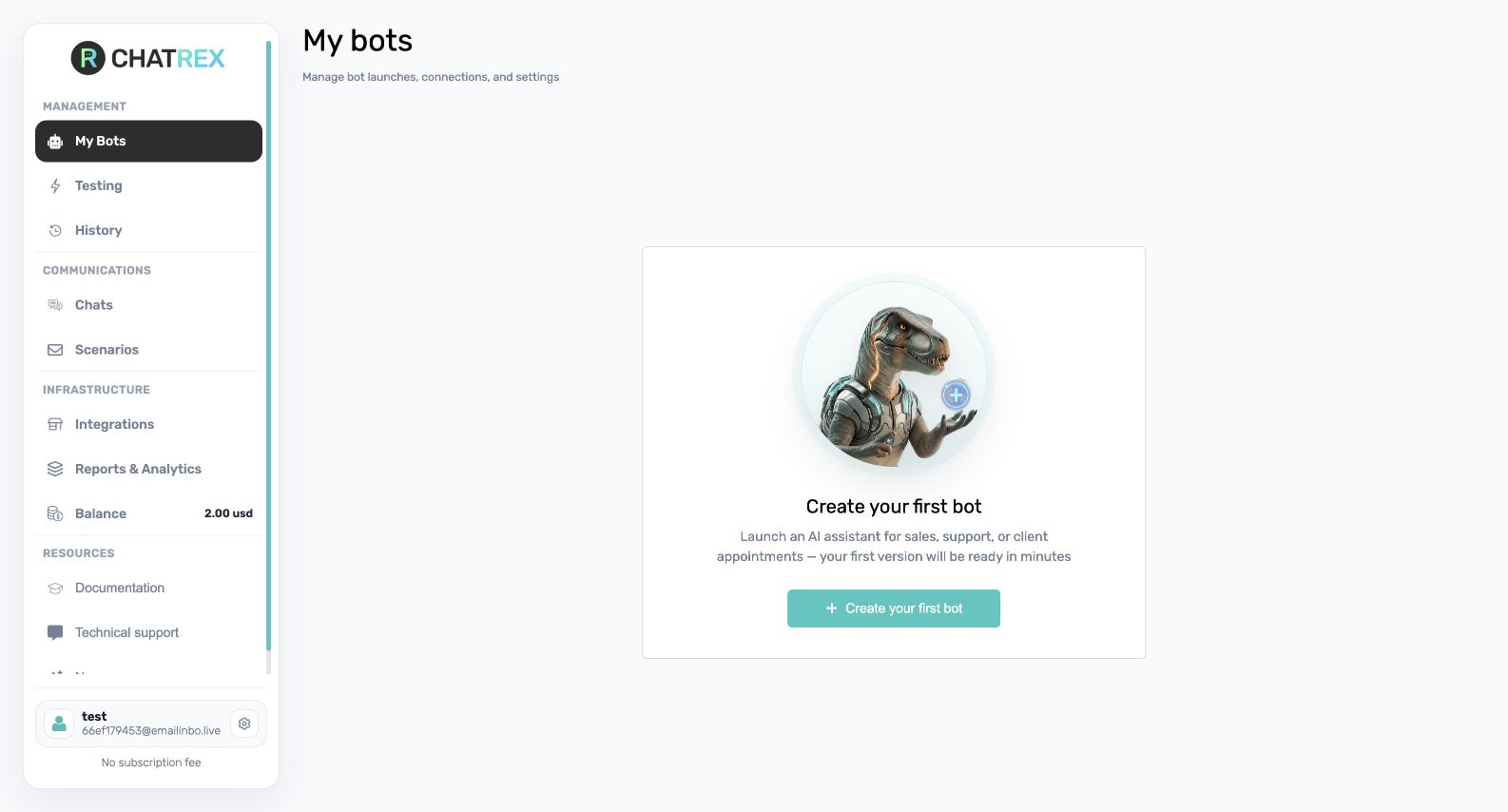 My Bots page in the English ChatRex interface