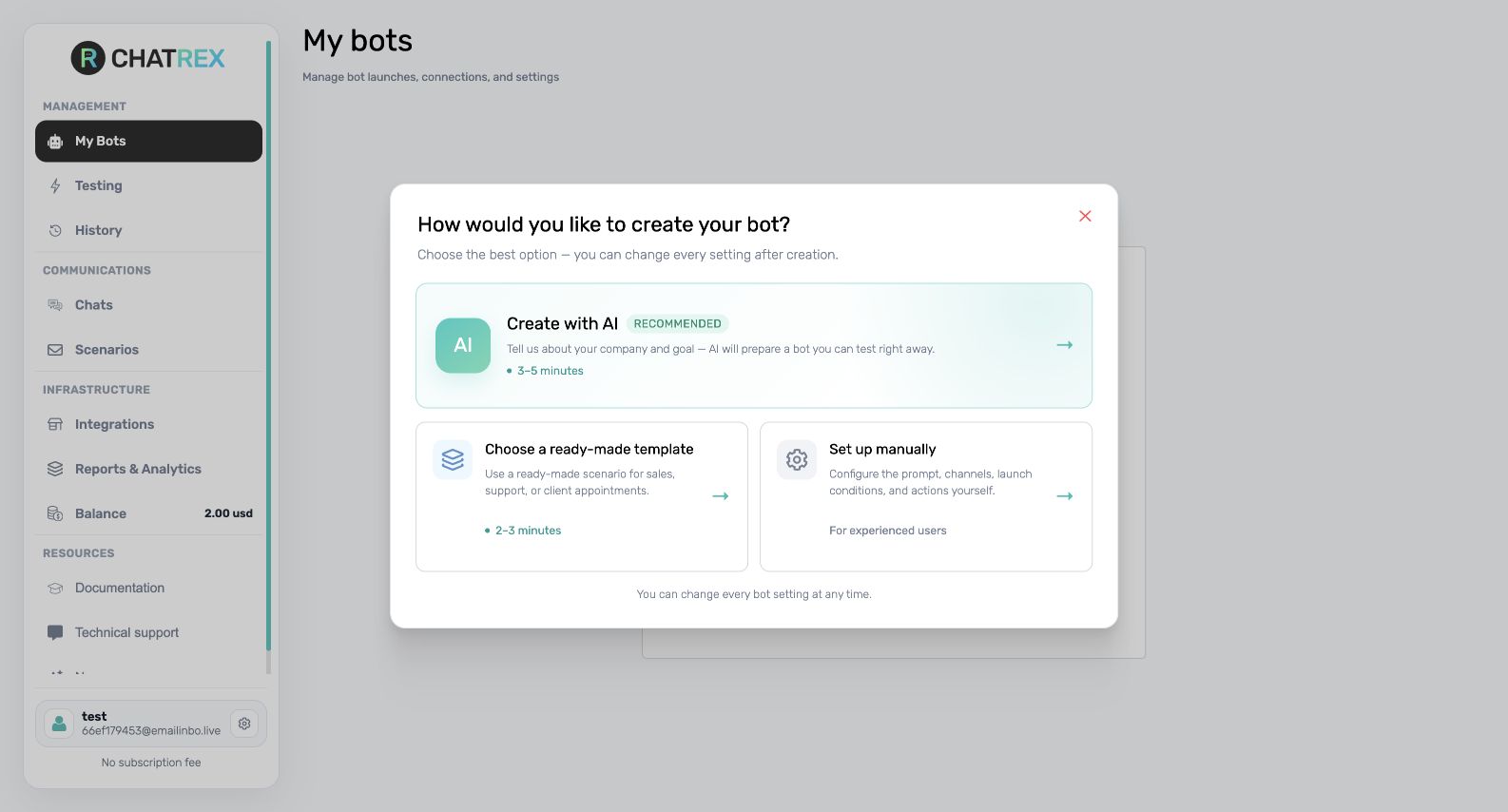 Bot creation methods in ChatRex