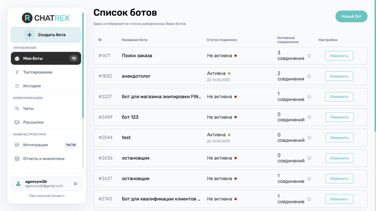 Список ботов и новое левое меню ChatRex