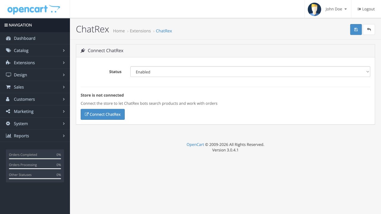 Настройки модуля ChatRex в OpenCart 3