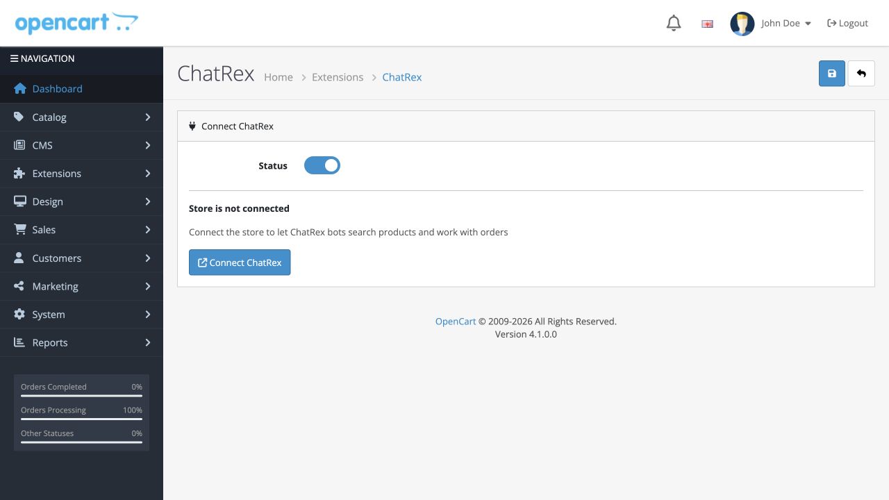 Настройки модуля ChatRex в OpenCart 4