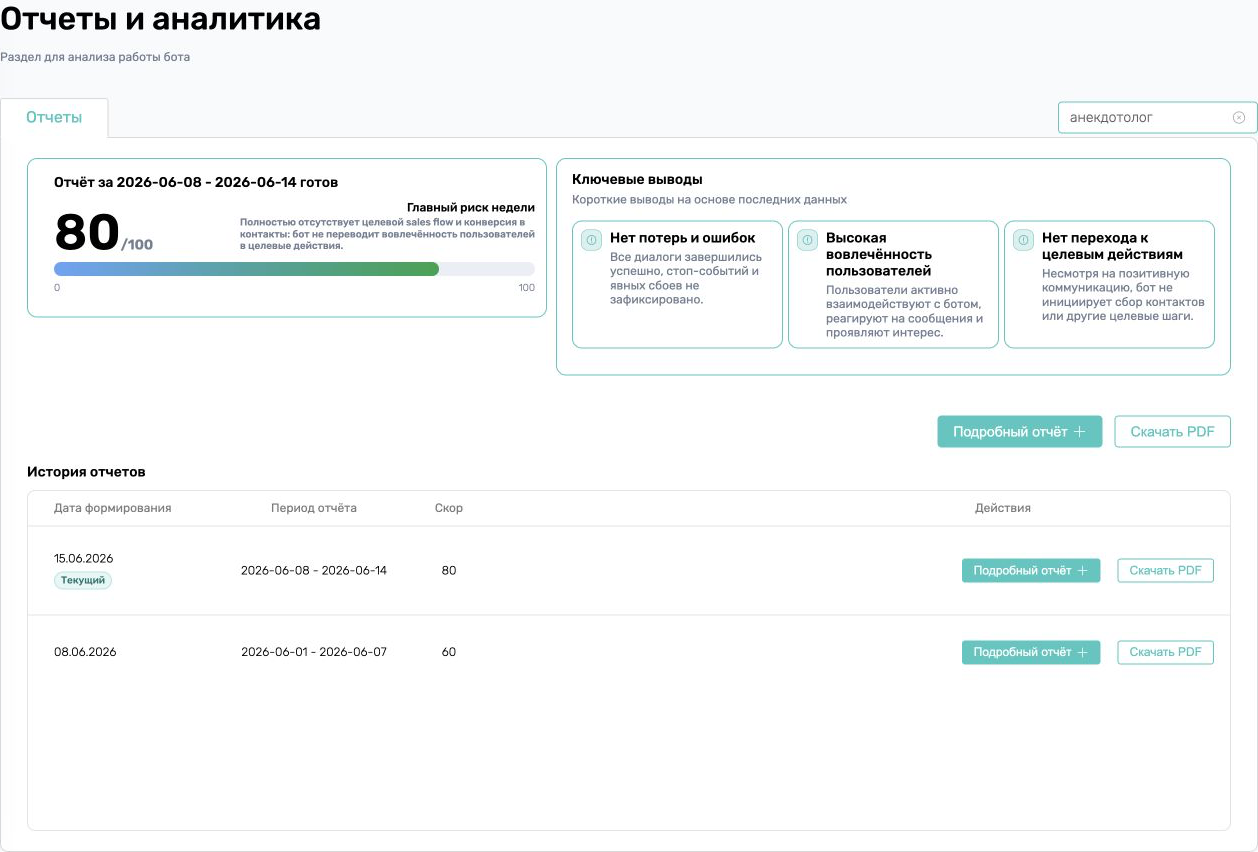Текущий AI-отчёт и история отчётов выбранного бота