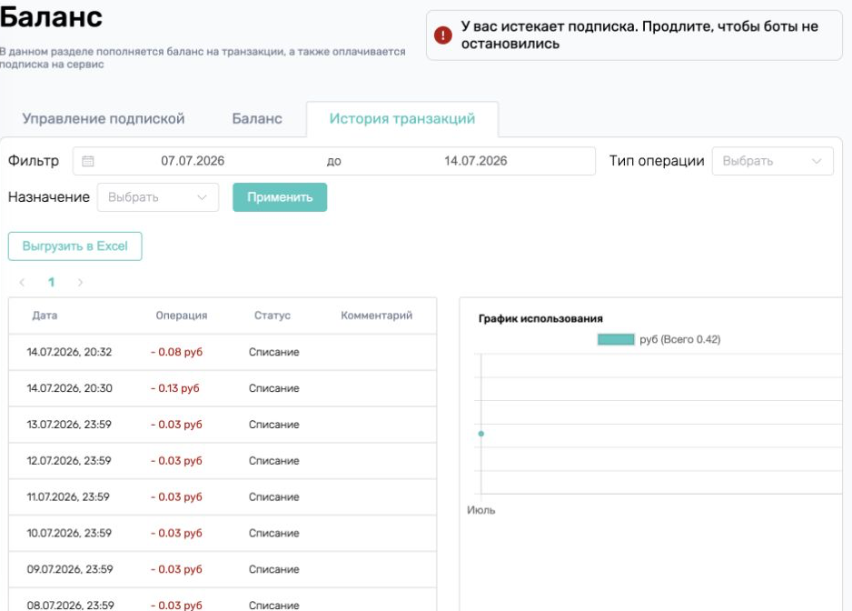 Фильтры и выгрузка истории транзакций ChatRex